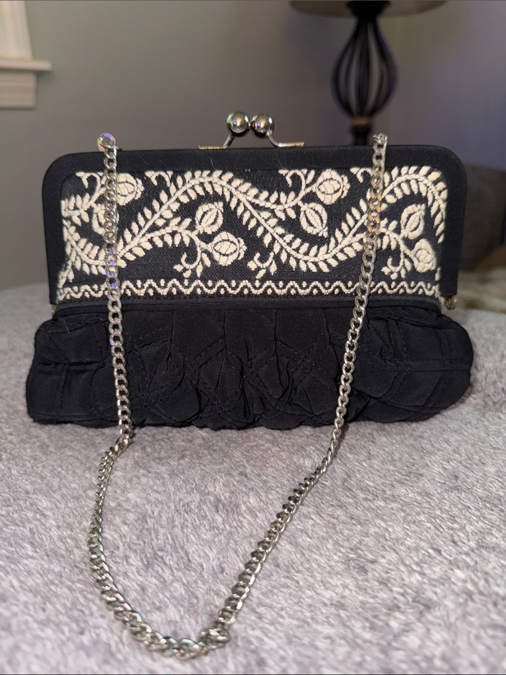 Vintage Vera Bradley Black Clutch with White Embroidered Floral Design w/chain.
